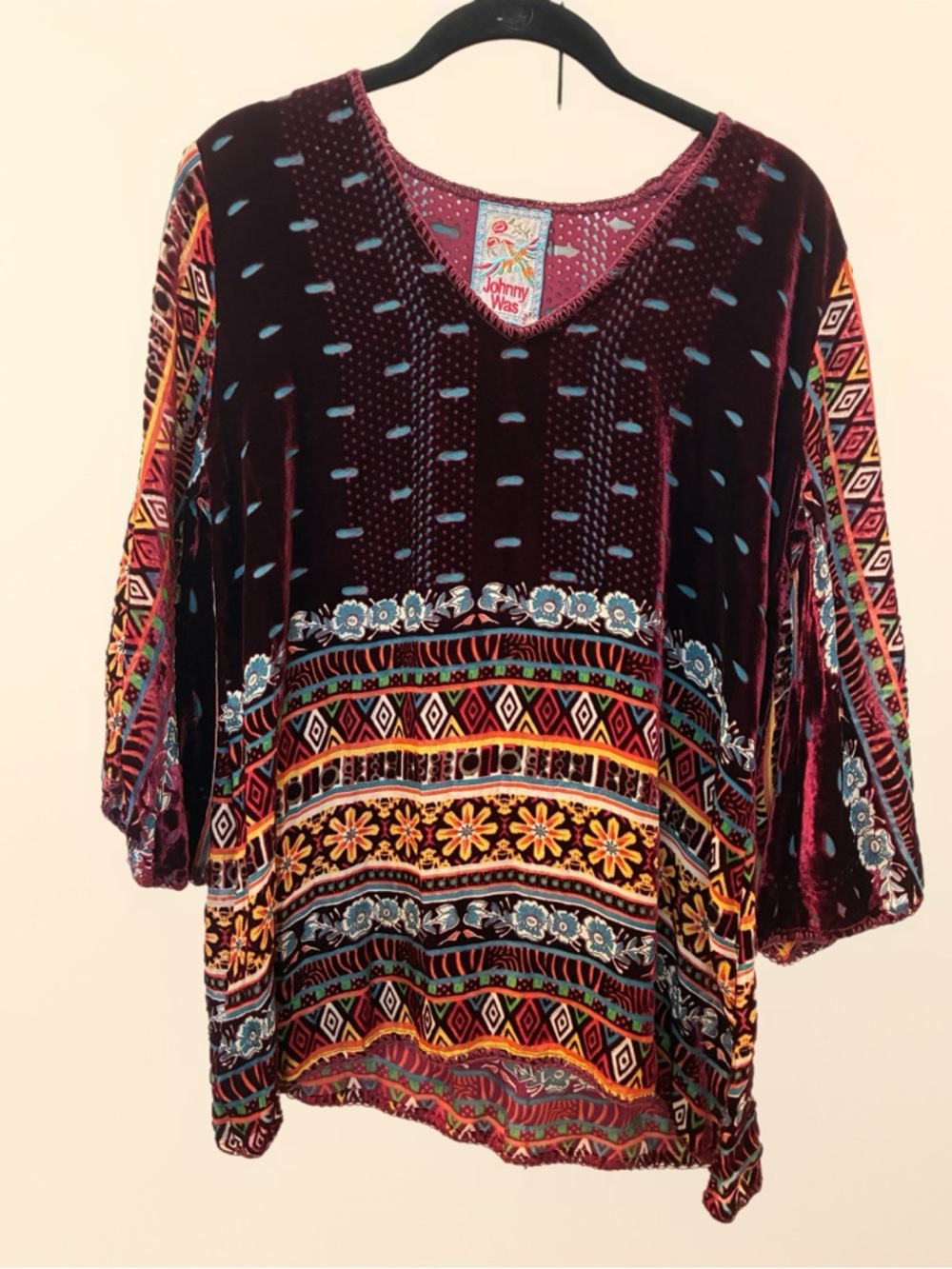 Johnny Was Burgundy Velvet Tunic with Multicolor Ethnic Print